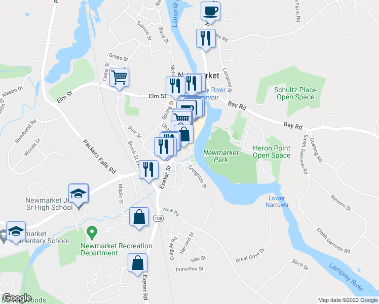 map of restaurants, bars, coffee shops, grocery stores, and more near 13 Water Street in Newmarket