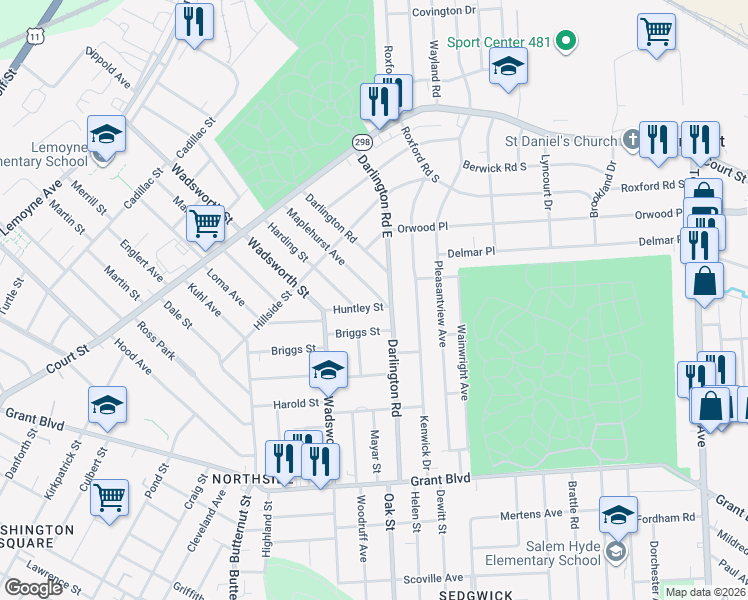 map of restaurants, bars, coffee shops, grocery stores, and more near 111 Maplehurst Avenue in Syracuse
