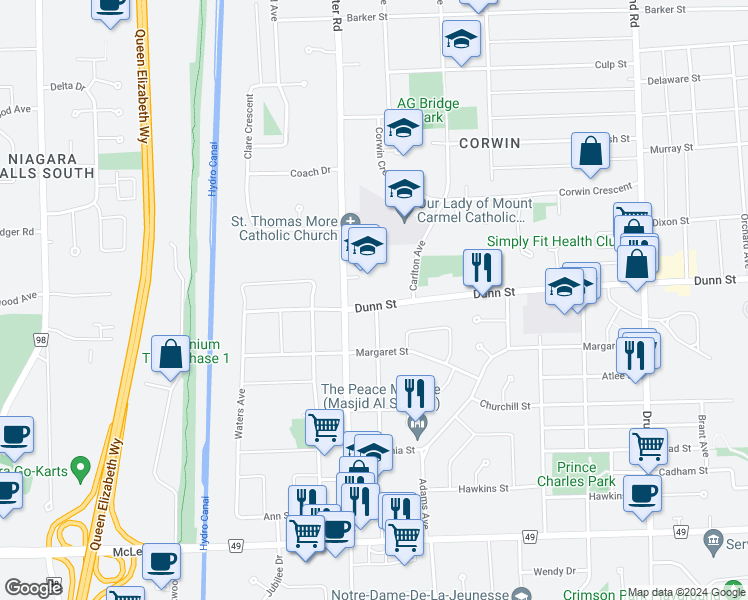 map of restaurants, bars, coffee shops, grocery stores, and more near 6825 Dunn Street in Niagara Falls