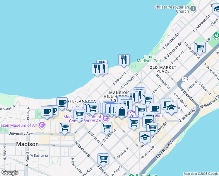 map of restaurants, bars, coffee shops, grocery stores, and more near 1 West Gilman Street in Madison