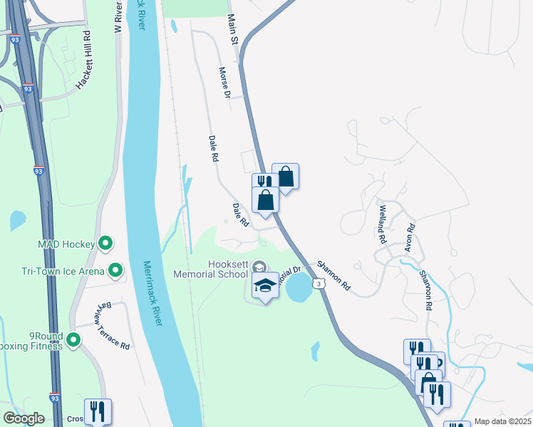 map of restaurants, bars, coffee shops, grocery stores, and more near 1562 Hooksett Road in Hooksett