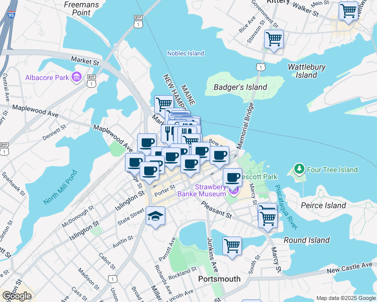 map of restaurants, bars, coffee shops, grocery stores, and more near 100 Market Street in Portsmouth
