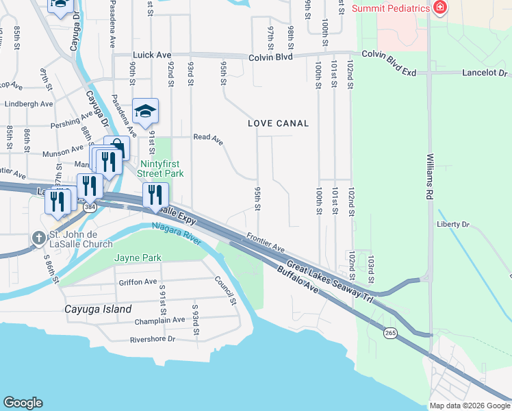 map of restaurants, bars, coffee shops, grocery stores, and more near 418 95th Street in Niagara Falls