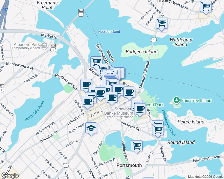 map of restaurants, bars, coffee shops, grocery stores, and more near 74 Bow Street in Portsmouth
