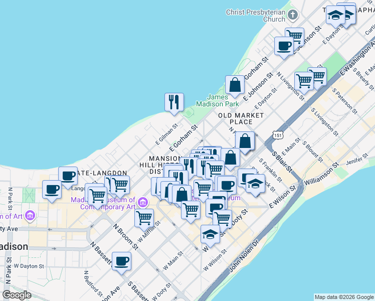 map of restaurants, bars, coffee shops, grocery stores, and more near 116 East Johnson Street in Madison