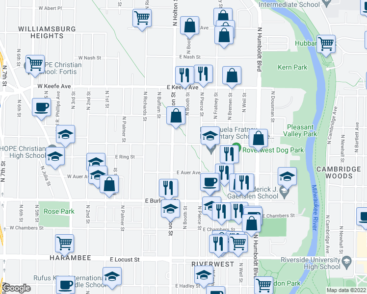 map of restaurants, bars, coffee shops, grocery stores, and more near 3275 North Booth Street in Milwaukee