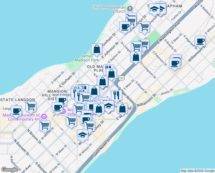 map of restaurants, bars, coffee shops, grocery stores, and more near 502 East Washington Avenue in Madison