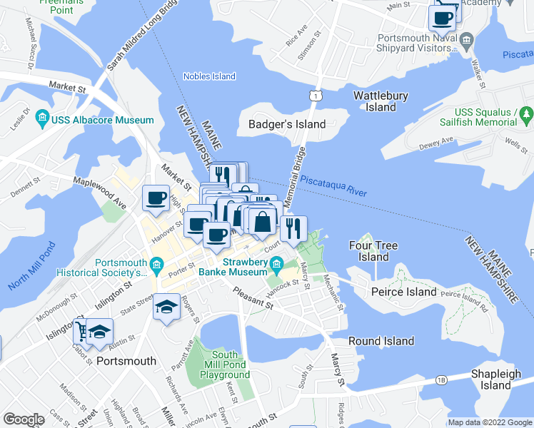map of restaurants, bars, coffee shops, grocery stores, and more near 1 Daniel Street in Portsmouth