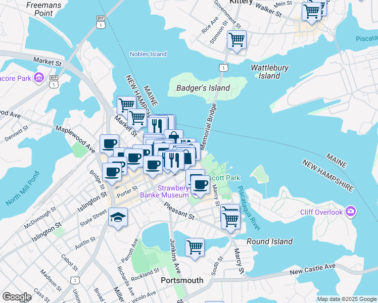 map of restaurants, bars, coffee shops, grocery stores, and more near 1 Daniel Street in Portsmouth
