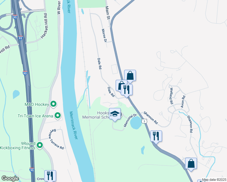 map of restaurants, bars, coffee shops, grocery stores, and more near 1562 Hooksett Road in Hooksett