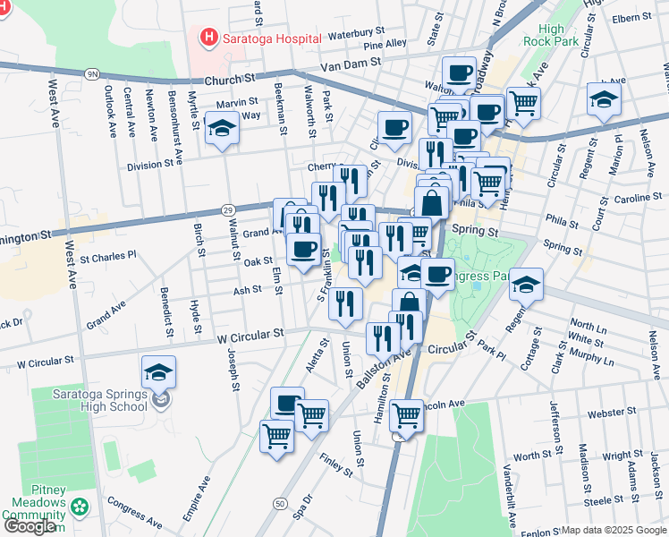 map of restaurants, bars, coffee shops, grocery stores, and more near 52 South Franklin Street in Saratoga Springs