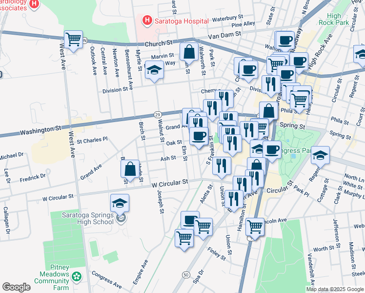 map of restaurants, bars, coffee shops, grocery stores, and more near 195 Elm Street in Saratoga Springs
