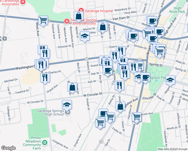 map of restaurants, bars, coffee shops, grocery stores, and more near 74 Walnut Street in Saratoga Springs