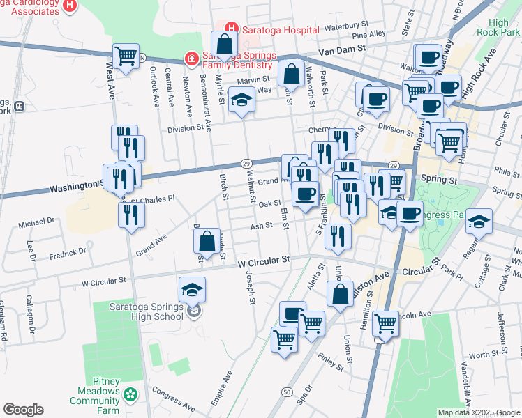 map of restaurants, bars, coffee shops, grocery stores, and more near 74 Walnut Street in Saratoga Springs