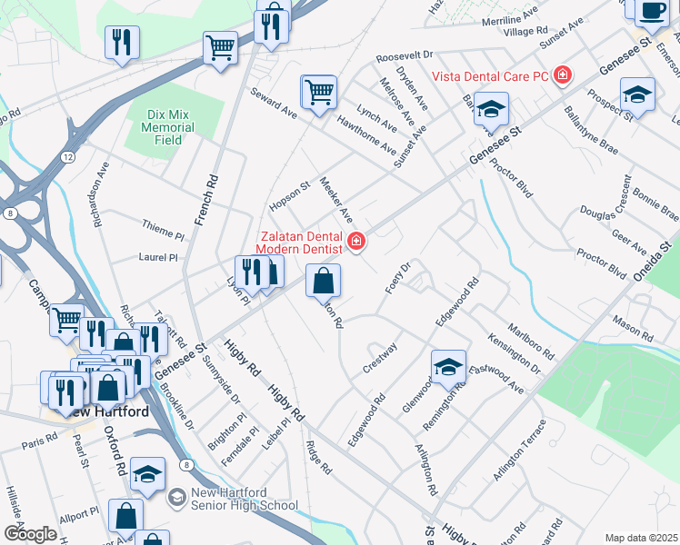 map of restaurants, bars, coffee shops, grocery stores, and more near 2609 Genesee Street in Utica