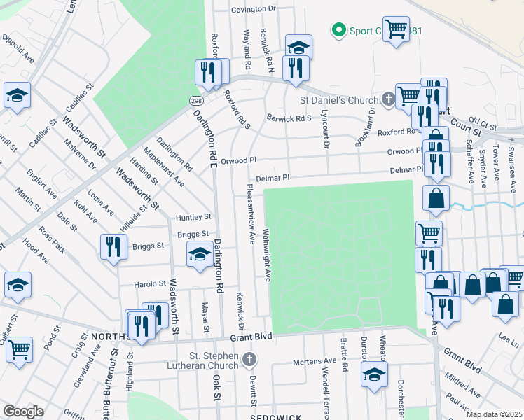 map of restaurants, bars, coffee shops, grocery stores, and more near 363 Wainwright Avenue in Syracuse
