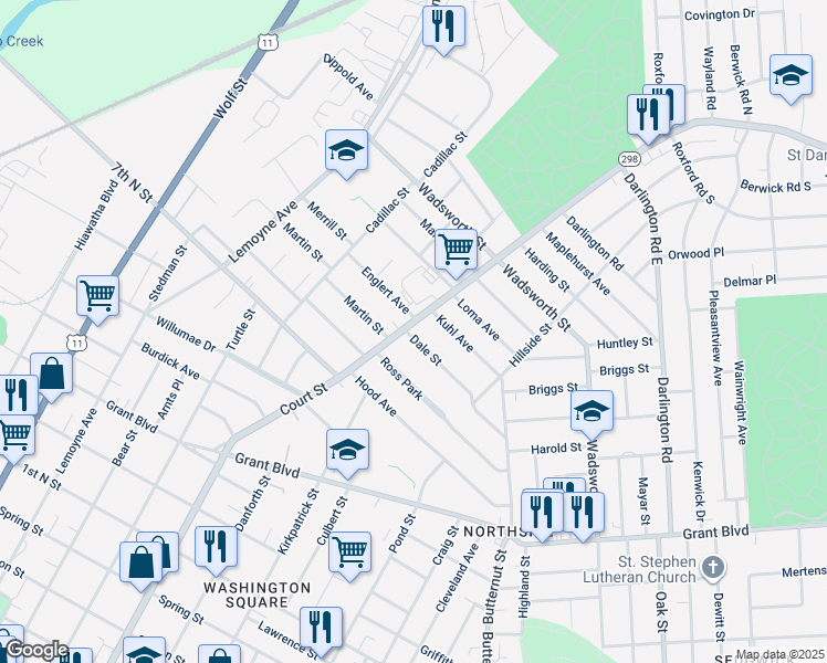 map of restaurants, bars, coffee shops, grocery stores, and more near 1506 Court Street in Syracuse
