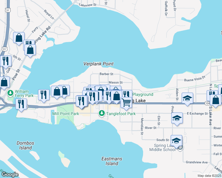 map of restaurants, bars, coffee shops, grocery stores, and more near 214 North Division Street in Spring Lake