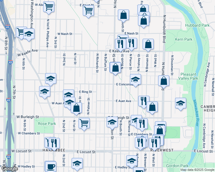 map of restaurants, bars, coffee shops, grocery stores, and more near 404 East Concordia Avenue in Milwaukee