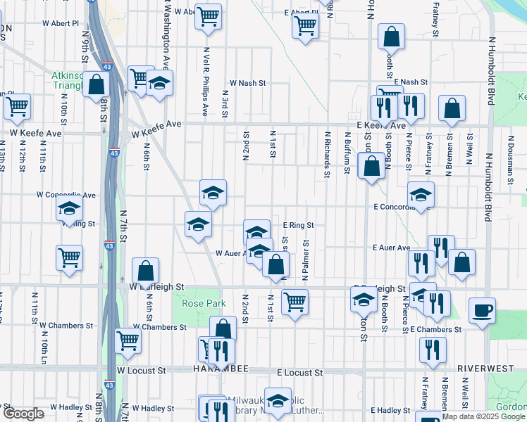 map of restaurants, bars, coffee shops, grocery stores, and more near in Milwaukee
