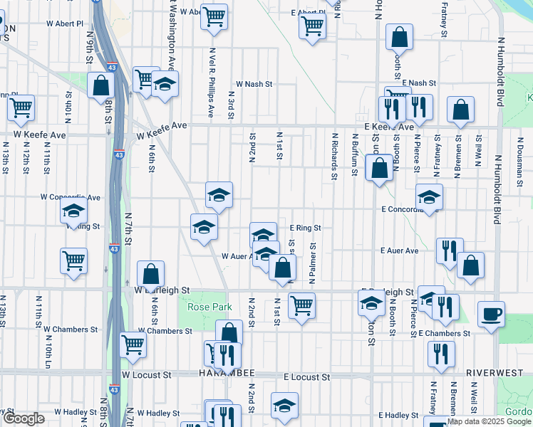 map of restaurants, bars, coffee shops, grocery stores, and more near in Milwaukee