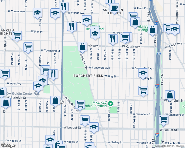 map of restaurants, bars, coffee shops, grocery stores, and more near 3275 North 16th Street in Milwaukee