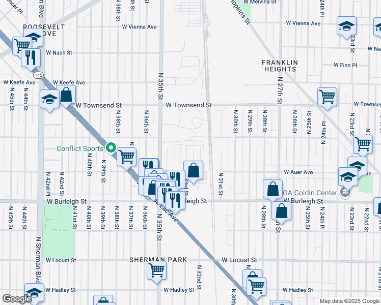 map of restaurants, bars, coffee shops, grocery stores, and more near 3267 North 32nd Street in Milwaukee