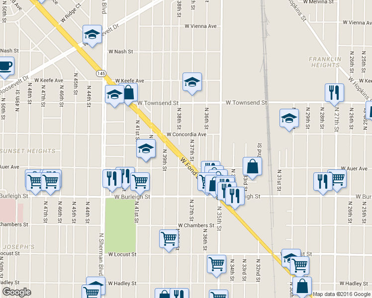 map of restaurants, bars, coffee shops, grocery stores, and more near 3245 North 37th Street in Milwaukee