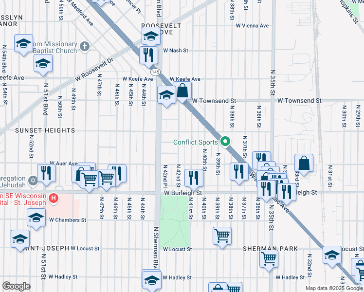 map of restaurants, bars, coffee shops, grocery stores, and more near 3263 North 41st Street in Milwaukee
