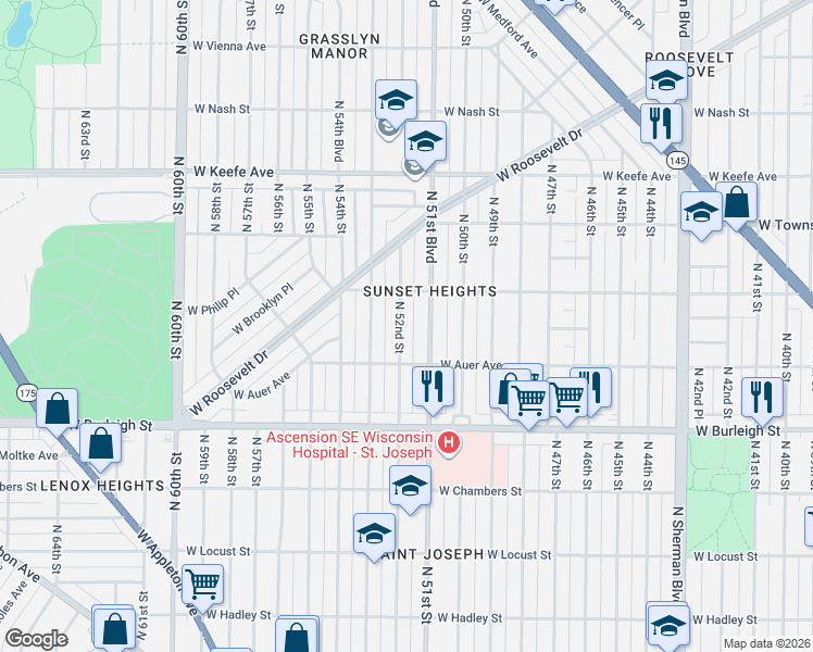map of restaurants, bars, coffee shops, grocery stores, and more near 3266 North 52nd Street in Milwaukee