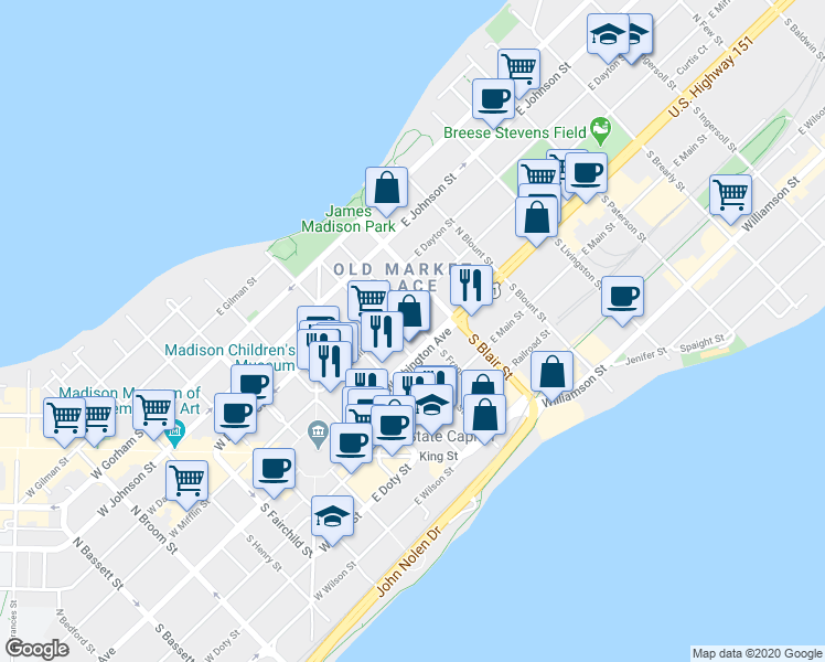 map of restaurants, bars, coffee shops, grocery stores, and more near 20 North Franklin Street in Madison