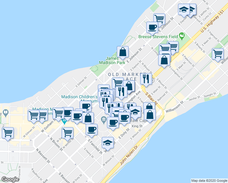 map of restaurants, bars, coffee shops, grocery stores, and more near 112 North Hancock Street in Madison