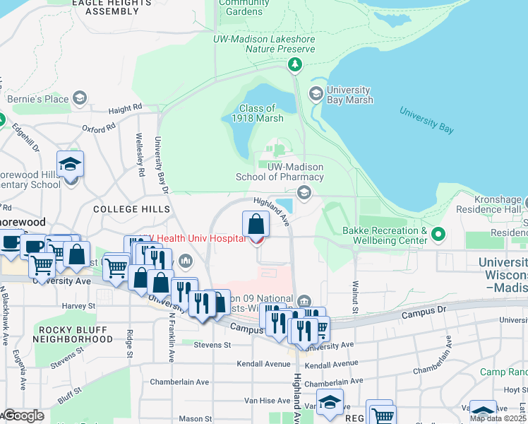 map of restaurants, bars, coffee shops, grocery stores, and more near 1111 Highland Ave in Madison