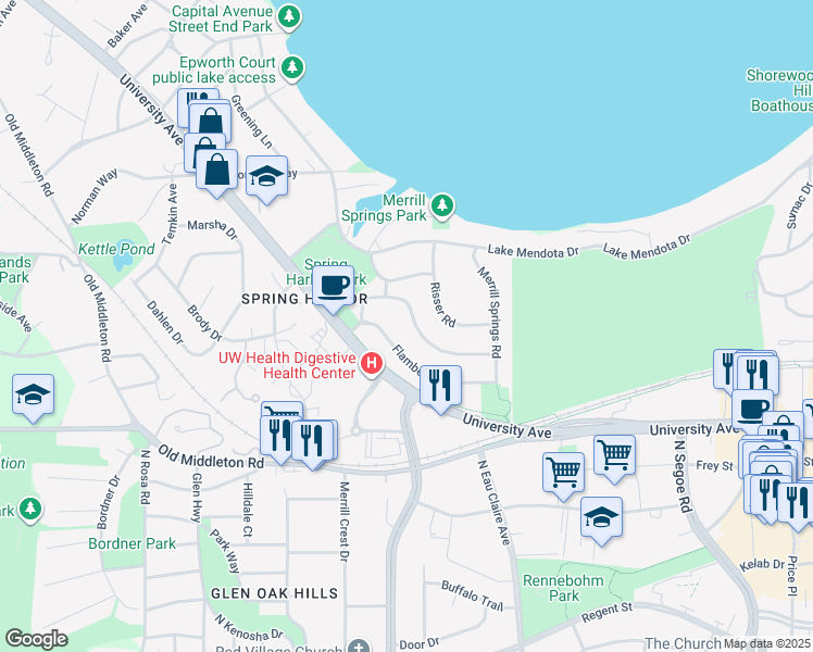 map of restaurants, bars, coffee shops, grocery stores, and more near 5110 Tomahawk Trail in Madison