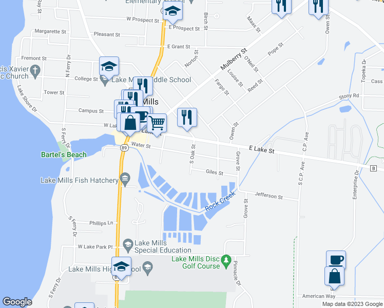 map of restaurants, bars, coffee shops, grocery stores, and more near 398 Water Street in Lake Mills