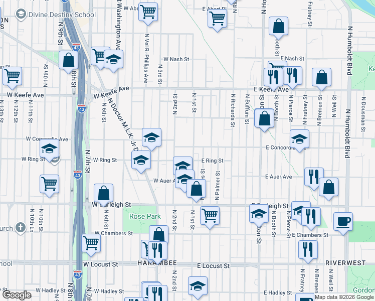 map of restaurants, bars, coffee shops, grocery stores, and more near in Milwaukee