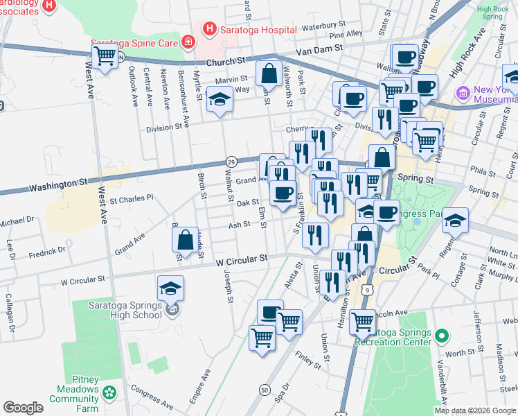 map of restaurants, bars, coffee shops, grocery stores, and more near 195 Elm Street in Saratoga Springs