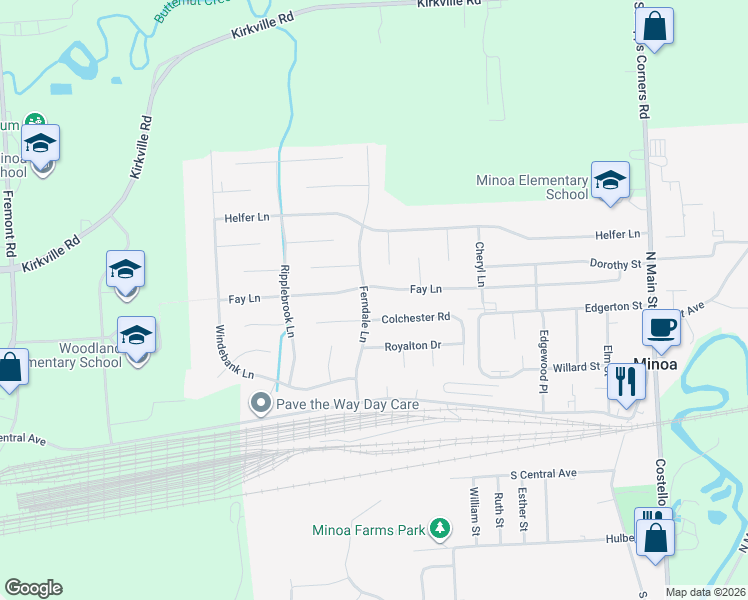 map of restaurants, bars, coffee shops, grocery stores, and more near 325 Fay Lane in Minoa