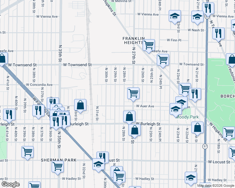 map of restaurants, bars, coffee shops, grocery stores, and more near 3264a North 29th Street in Milwaukee