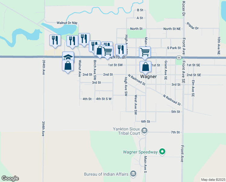 map of restaurants, bars, coffee shops, grocery stores, and more near 400 Memorial Drive in Wagner
