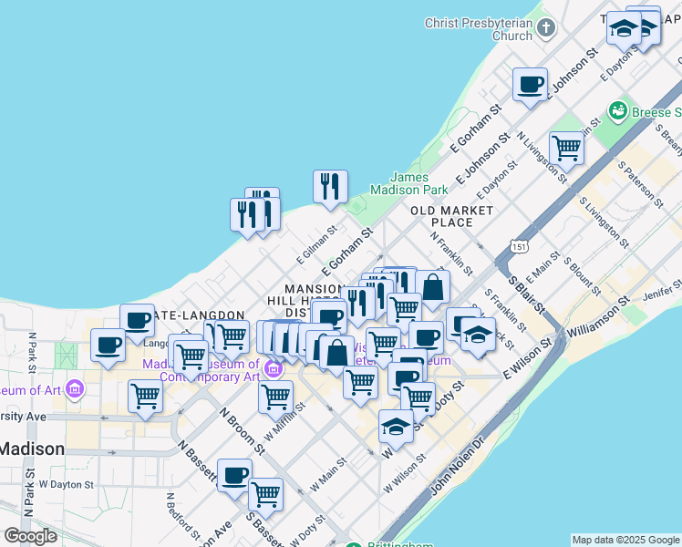 map of restaurants, bars, coffee shops, grocery stores, and more near 104 East Gorham Street in Madison