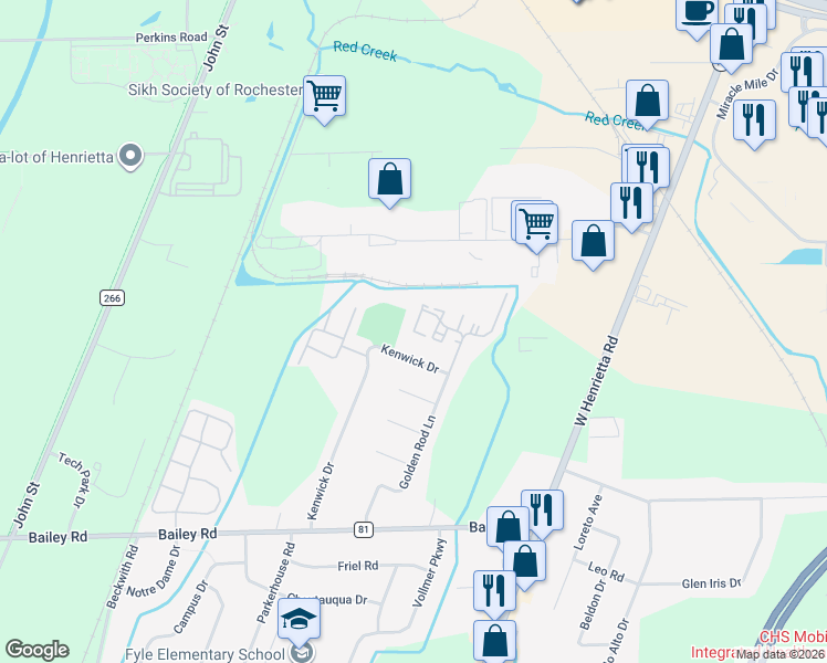 map of restaurants, bars, coffee shops, grocery stores, and more near 132 Golden Rod Lane in Rochester