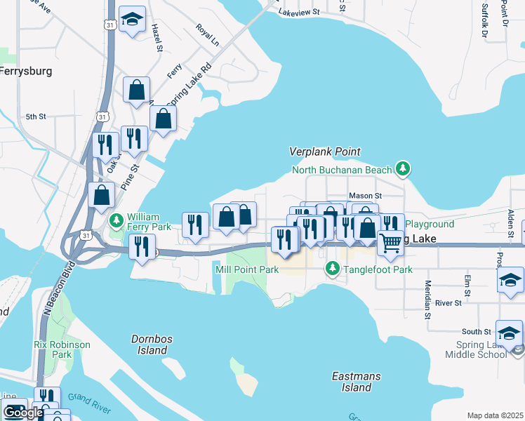 map of restaurants, bars, coffee shops, grocery stores, and more near 205 Rex Street in Spring Lake
