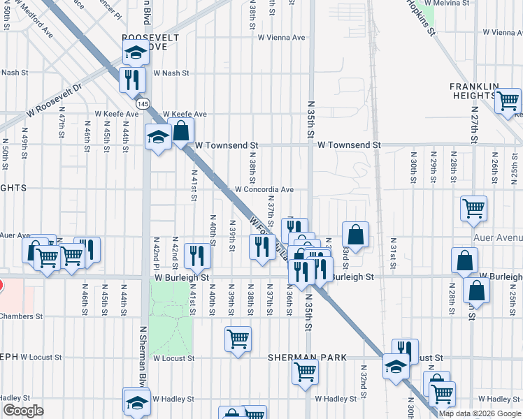map of restaurants, bars, coffee shops, grocery stores, and more near 3245 North 37th Street in Milwaukee