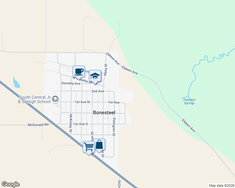 map of restaurants, bars, coffee shops, grocery stores, and more near 2nd Avenue in Bonesteel