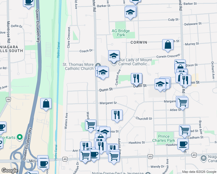 map of restaurants, bars, coffee shops, grocery stores, and more near 6801 Dunn Street in Niagara Falls