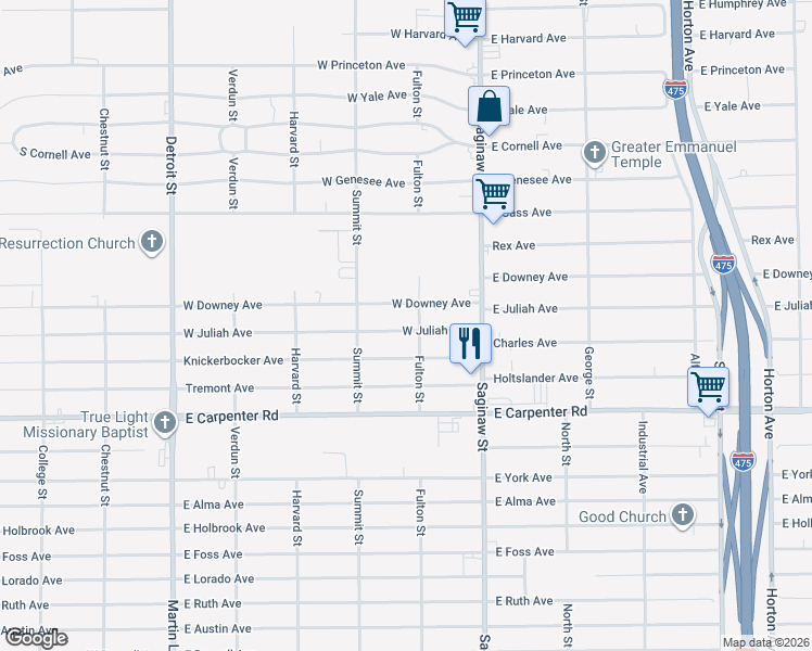 map of restaurants, bars, coffee shops, grocery stores, and more near 1078 West Juliah Avenue in Flint
