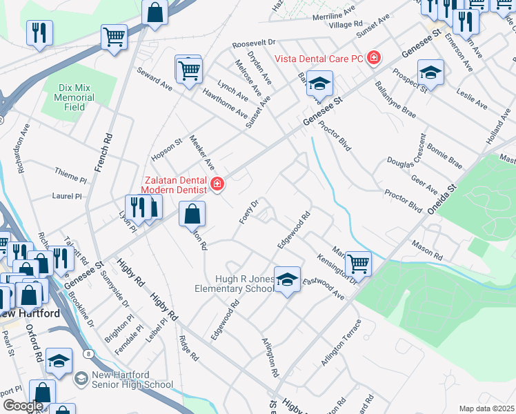 map of restaurants, bars, coffee shops, grocery stores, and more near 10 Foery Drive in Utica