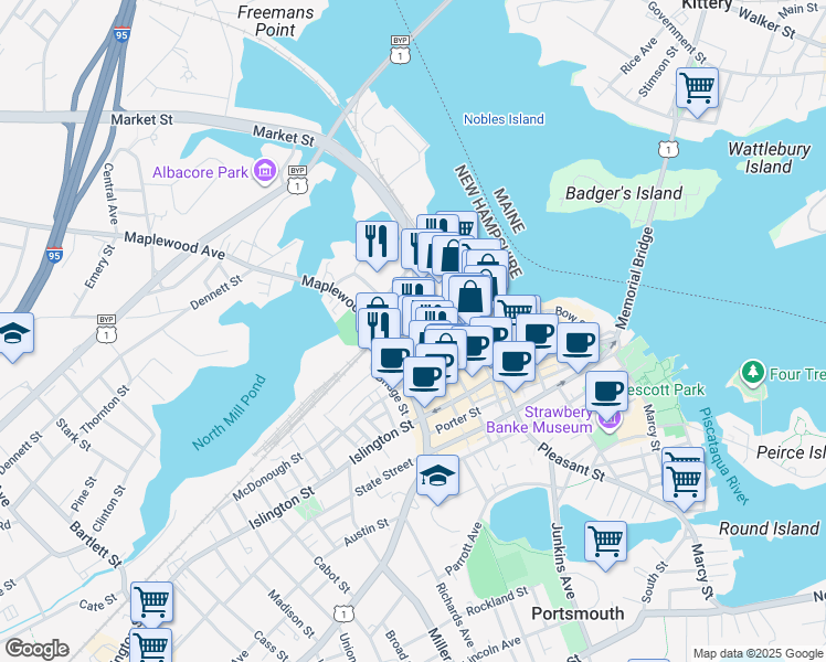 map of restaurants, bars, coffee shops, grocery stores, and more near 34 Portwalk Place in Portsmouth
