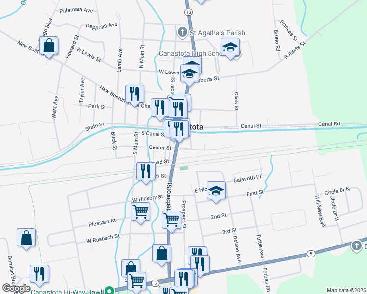 map of restaurants, bars, coffee shops, grocery stores, and more near 135 South Peterboro Street in Canastota